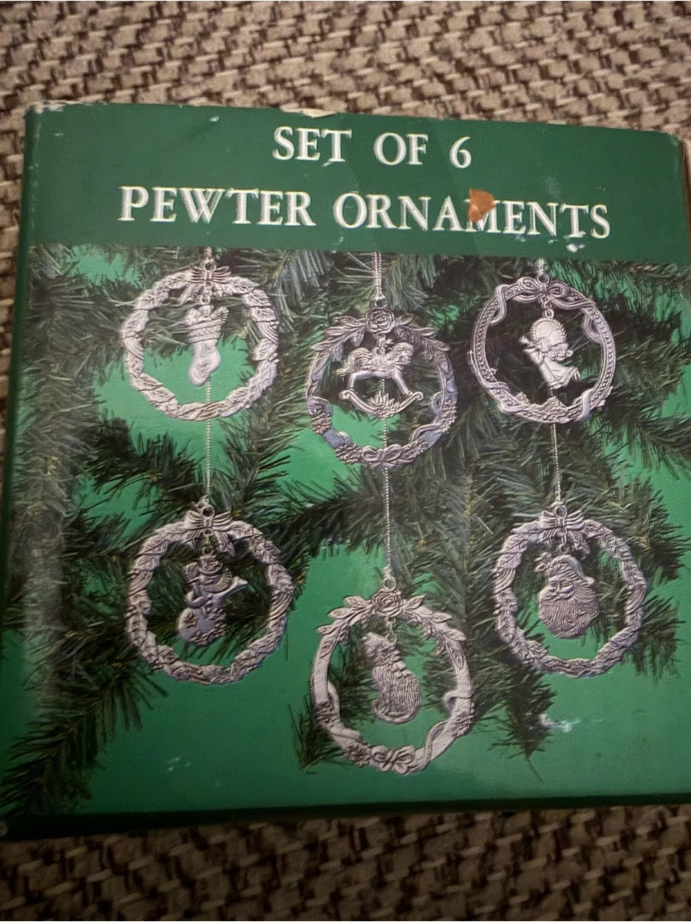 Vintage Set 6 Pewter Wreath Christmas Ornaments 3